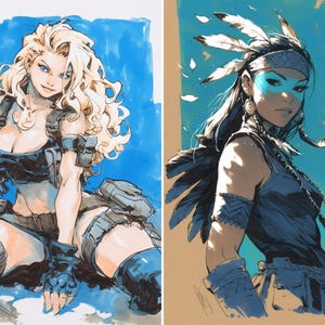 May include: Two digital illustrations of women. The woman on the left is wearing a black and gray outfit and holding a gun. She has blonde hair and blue eyes. The woman on the right is wearing a blue and brown outfit with a headdress of feathers. She has long black hair and blue eyes.