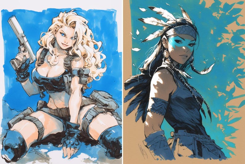May include: Two digital illustrations of women. The woman on the left is wearing a black and gray outfit and holding a gun. She has blonde hair and blue eyes. The woman on the right is wearing a blue and brown outfit with a headdress of feathers. She has long black hair and blue eyes.