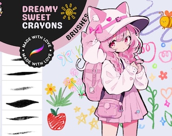 Procreate Brushes: Realistic Crayon Collection, 7 Fun Brushes for Flat Illustration, Chalky Textures, and Cute Art Projects