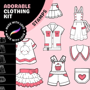 Op de afbeelding: Een set printbare kledingsstempels met verschillende stijlen van rokken, jurken, shirts, broeken en accessoires. De stempels zijn in zwart-wit met roze accenten. De tekst "Adorable Clothing Kit" en "Made with Love" is in de afbeelding opgenomen.