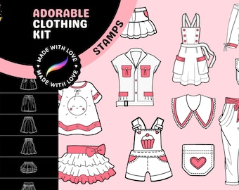 Procreate Stamps: Bedårande garderobskollektion, 390 stämplar för byxor, kjolar, skjortor, fickor, kragar, söta kawaii-kläder, valfri konststil
