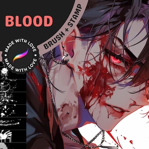 Może przedstawiać: Cyfrowa ilustracja osoby z krwią na twarzy i szyi. Osoba ma czerwone oczy i czarne włosy. Obraz nosi tytuł "BLOOD" i zawiera tekst "BRUSH + STAMP" oraz "MADE WITH LOVE".