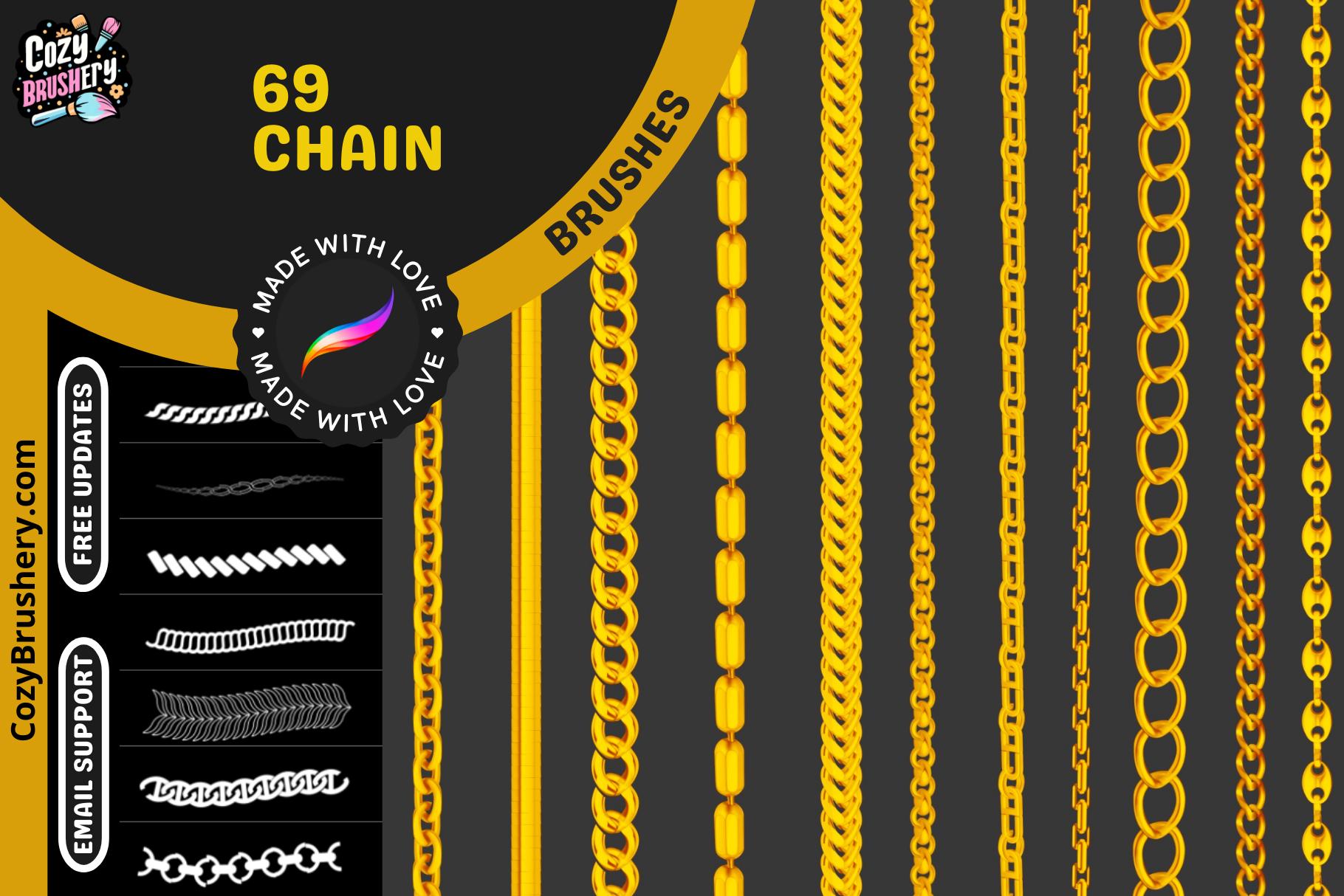 Pinceaux Procreate Chain Factory : 69 pinceaux de chaîne réalistes avec effets 3D, textures et maillons plats