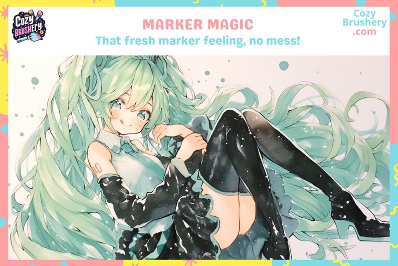 May include: A digital illustration of a green-haired anime character with long hair, wearing a white and black dress and black stockings. The image has the text "MARKER MAGIC" and "That fresh marker feeling, no mess!" at the top.