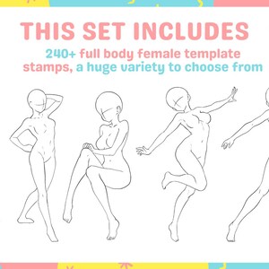 May include: A set of 240+ full body female template stamps for drawing. The image shows five different poses, all in black and white.