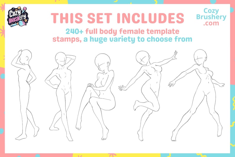 May include: A set of 240+ full body female template stamps for drawing. The image shows five different poses, all in black and white.