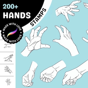 Może przedstawiać: Cyfrowa ilustracja ponad 200 póz dłoni, idealna dla artystów i projektantów. Dłonie są narysowane w prostym, czystym stylu i są łatwe w użyciu. Ilustracja nosi tytuł "200+ HANDS STAMPS" i zawiera tekst "MADE WITH LOVE".
