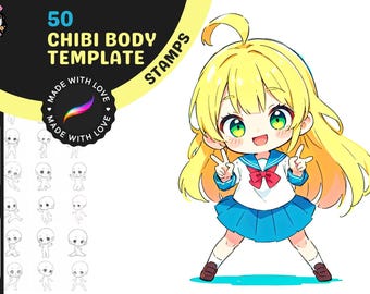 Procreate Stamps: Chibi Body Stamp Pack, 50 Cute Anime Stamps with Two Versions – With and Without Faces