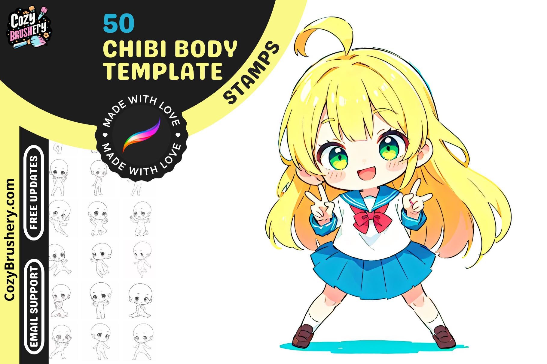 Procreate Chibi Body Stamps Pack – 50 Cute Anime Stamps, With and Without Faces