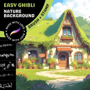 以下が含まれることがあります： 緑のつる植物で覆われた茶色のドアと窓のある家のデジタルイラスト。家は緑の草と花に囲まれています。テキスト「EASY GHIBLI NATURE BACKGROUND BRUSH + STAMP」は緑の背景に白い文字で書かれています。