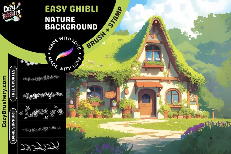 May include: A digital illustration of a green, vine-covered house with a brown door and windows. The house is surrounded by green grass and flowers. The text "EASY GHIBLI NATURE BACKGROUND BRUSH + STAMP" is written in white letters on a green background.