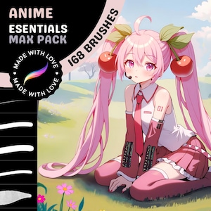 May include: A digital illustration of an anime character with pink hair and a red and white outfit. The character is sitting in a grassy field with cherry blossoms in the background. The text "ANIME ESSENTIALS MAX PACK 168 BRUSHES" is displayed in the upper right corner of the image. The text "MADE WITH LOVE" is displayed in a circle in the upper left corner of the image.