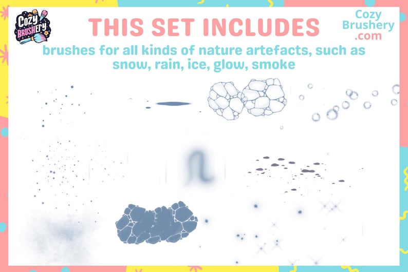 May include: A set of digital brushes for creating nature effects. The brushes include snow, rain, ice, glow, and smoke. The image shows examples of each brush effect.