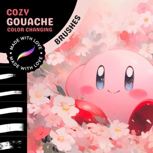 Può includere: Illustrazione di un personaggio rosa circondato da fiori. Il testo "COZY GOUACHE COLOR CHANGING" e "BRUSHES" è presente. Il logo Cozy Brushery è in alto a sinistra. È presente anche il testo "MADE WITH LOVE".