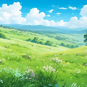 May include: A lush green meadow with rolling hills and a blue sky with white clouds. The meadow is covered in wildflowers and there is a single tree on the right side of the image.