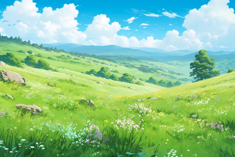 May include: A lush green meadow with rolling hills and a blue sky with white clouds. The meadow is covered in wildflowers and there is a single tree on the right side of the image.
