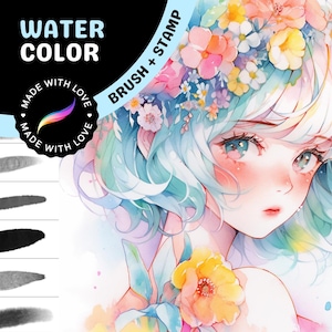 May include: Watercolor brush set with a floral design and the text "WATER COLOR" and "BRUSH + STAMP". The set includes five brushes with different sizes and textures.