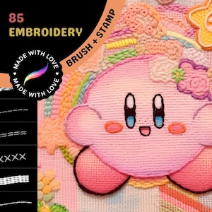 Puede incluir: Diseño bordado de un personaje de dibujos animados rosa con una corona de flores, rodeado de flores coloridas y puntadas como un arcoíris. El diseño está etiquetado como "85 Bordado" y "Brocha + Sello".