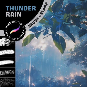 May include: A digital illustration of a stormy sky with rain falling through the branches of a tree. The image includes a set of four brushes for digital art, with the text "THUNDER RAIN" and "BRUSH + STAMP" in the upper right corner.