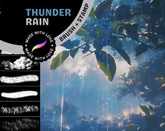 Procreate Brushes: Thunder and Rain Pack, 160+ Brushes and Stamps for Rain, Thunder, Clouds, and Window Effects