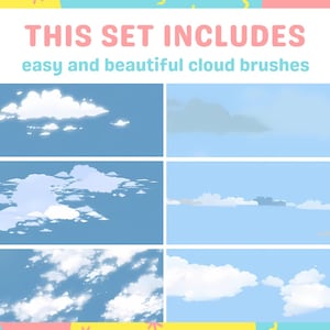 May include: Six different cloud brush designs for digital art. The clouds are white and fluffy against a blue sky. The text "THIS SET INCLUDES easy and beautiful cloud brushes" is at the top of the image.