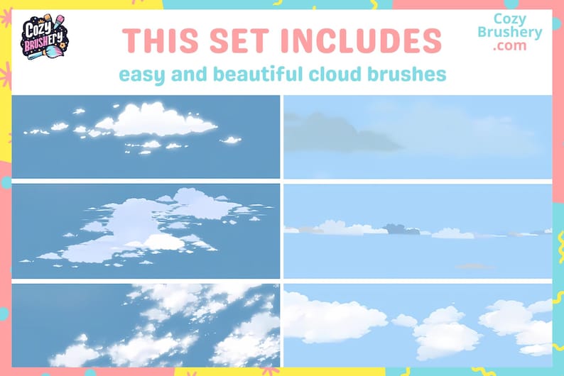 May include: Six different cloud brush designs for digital art. The clouds are white and fluffy against a blue sky. The text "THIS SET INCLUDES easy and beautiful cloud brushes" is at the top of the image.
