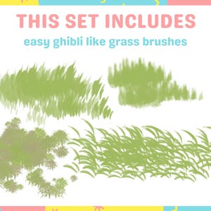 May include: A set of four digital brushes for creating grass in a style similar to Studio Ghibli animation. The brushes are shown on a white background with the text "THIS SET INCLUDES easy ghibli like grass brushes" and the website address "Cozy Brushery.com".
