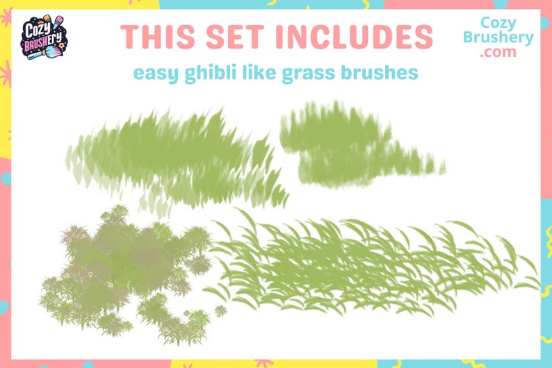 May include: A set of four digital brushes for creating grass in a style similar to Studio Ghibli animation. The brushes are shown on a white background with the text "THIS SET INCLUDES easy ghibli like grass brushes" and the website address "Cozy Brushery.com".