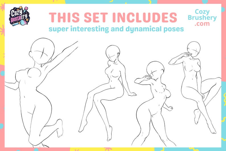 May include: A set of four line drawings of female figures in different poses. The drawings are simple and stylized, with no facial features or clothing. The text "THIS SET INCLUDES super interesting and dynamical poses" is at the top of the image.