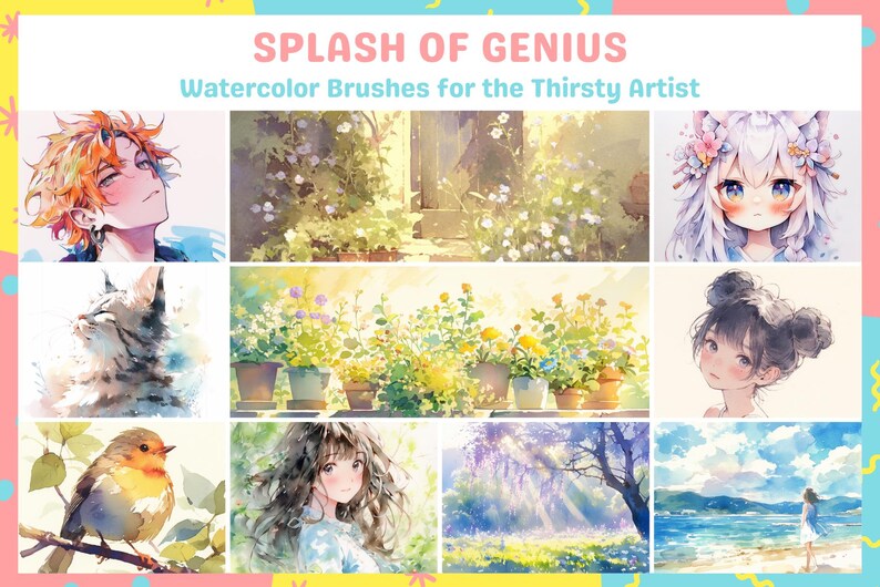 May include: A collection of watercolor brush illustrations featuring a variety of subjects, including a cat, a bird, flowers, and landscapes. The illustrations are in a soft, dreamy style and are perfect for adding a touch of whimsy to your artwork. The text "Splash of Genius Watercolor Brushes for the Thirsty Artist" is at the top of the image.