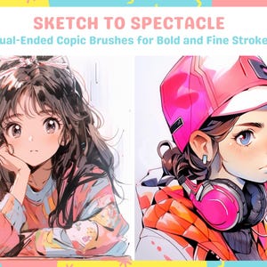 May include: Two illustrations of anime-style women with long hair. The woman on the left is wearing a pink and blue patterned shirt and has her chin resting on her hand. The woman on the right is wearing a pink and red jacket, a pink hat, and headphones. The text "SKETCH TO SPECTACLE" is at the top of the image. The text "Dual-Ended Copic Brushes for Bold and Fine Strokes" is below the title. The text "Cozy Brushery.com" is in the upper right corner of the image.