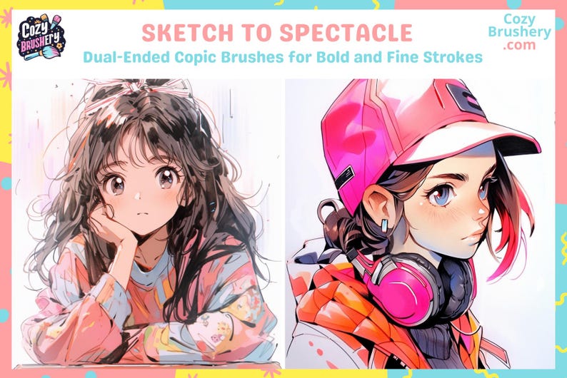May include: Two illustrations of anime-style women with long hair. The woman on the left is wearing a pink and blue patterned shirt and has her chin resting on her hand. The woman on the right is wearing a pink and red jacket, a pink hat, and headphones. The text "SKETCH TO SPECTACLE" is at the top of the image. The text "Dual-Ended Copic Brushes for Bold and Fine Strokes" is below the title. The text "Cozy Brushery.com" is in the upper right corner of the image.