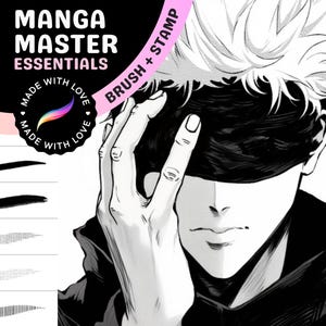 May include: Black and white illustration of a manga character with a blindfold, covering their eyes. The character has spiky hair and is wearing a dark jacket. The text "Manga Master Essentials" is visible in the top left corner of the image.