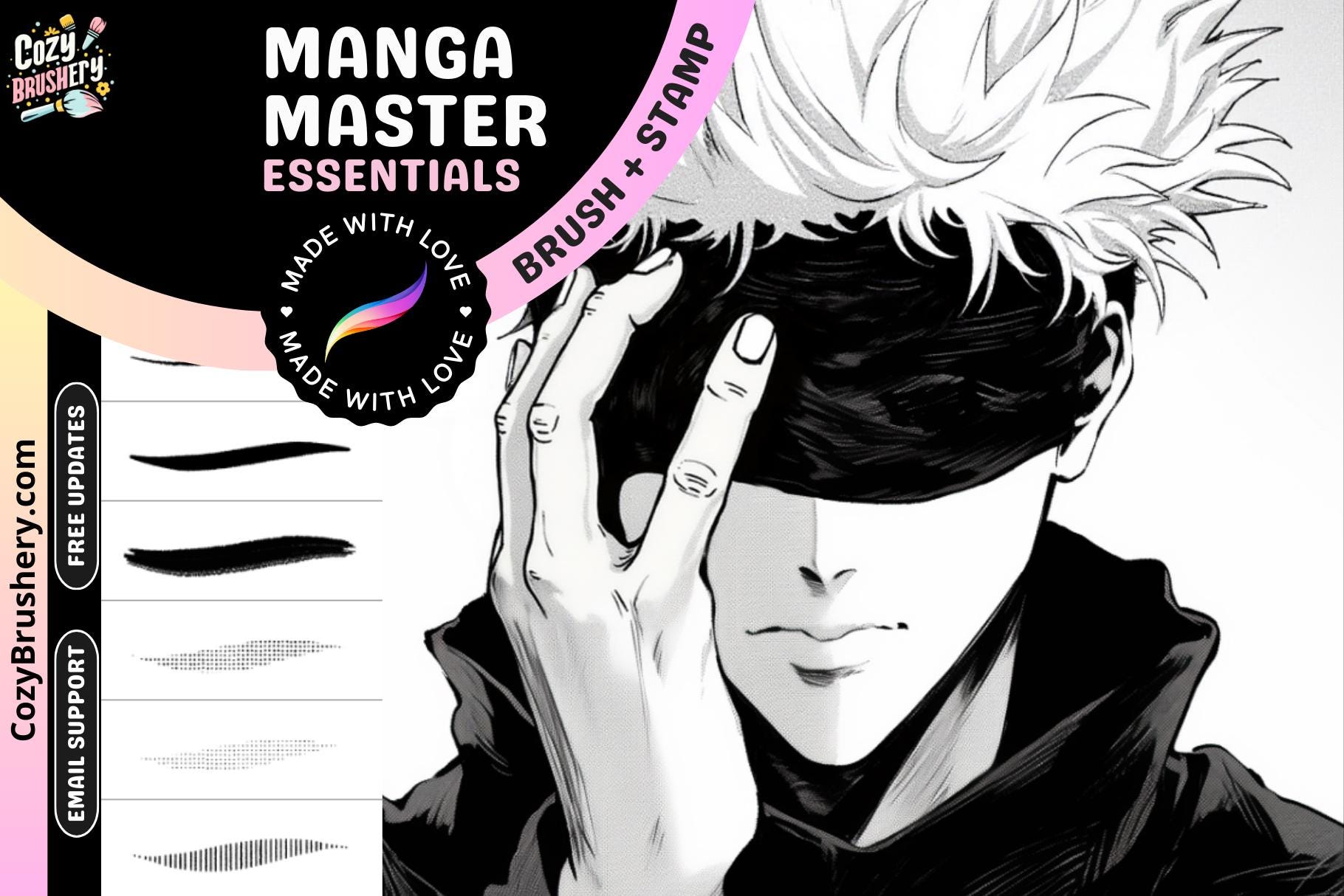 Procreate Brushes: Manga Master Bundle, 82 Manga Brushes for Hatching, Lineart, Foliage, 85 Halftone Brushes, 302 Stamps for Effects