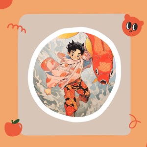 May include: A young person in a pink and orange kimono-style outfit is holding a large red and orange fish. The background is a blue and white watercolor-style design.