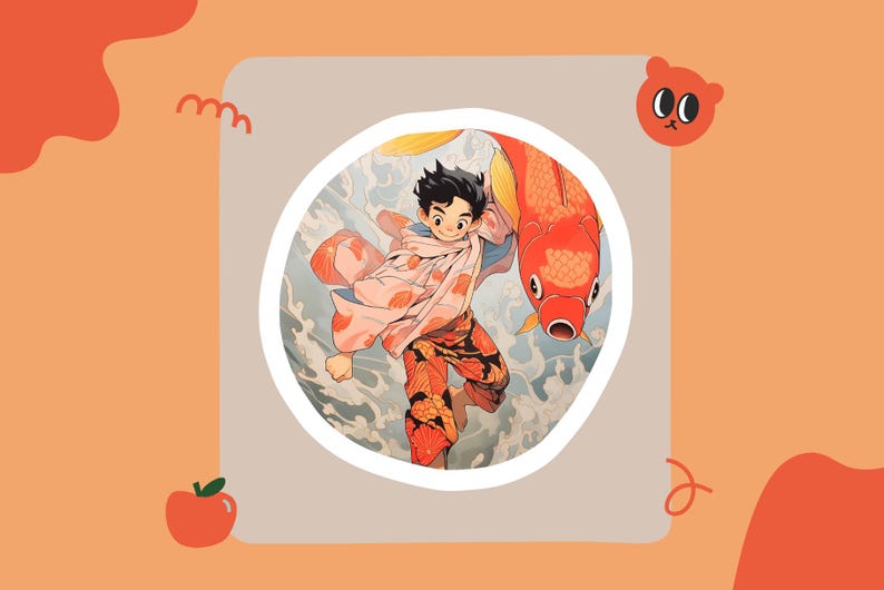 May include: A young person in a pink and orange kimono-style outfit is holding a large red and orange fish. The background is a blue and white watercolor-style design.
