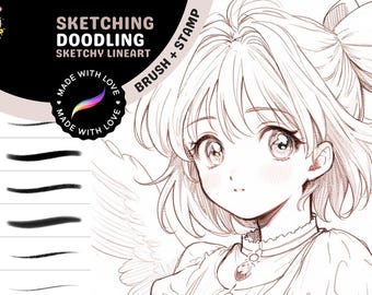 May include: A digital illustration of a girl with long hair, wearing a bow and a necklace. The image is in black and white and has a sketchy style. The text "SKETCHING DOODLING SKETCHY LINEART" is at the top of the image. The text "MADE WITH LOVE" is in a circle at the bottom left of the image. The text "BRUSH + STAMP" is at the top right of the image.