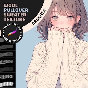 May include: A set of digital brushes for creating wool pullover sweater textures. The brushes are shown on a black background with a white border. The text "WOOL PULLOVER SWEATER TEXTURE" is displayed in large white letters at the top of the image. The text "MADE WITH LOVE" is displayed in a circle with a pink heart in the center. The text "CozyBrushery.com" is displayed in the lower left corner of the image.