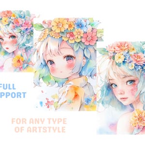 May include: Three watercolor illustrations of anime-style girls with flowers in their hair. The girls have light blue, pink, and yellow hair. The flowers are in shades of pink, blue, yellow, and white. The text "FULL SUPPORT FOR ANY TYPE OF ARTSTYLE" is at the bottom of the image.