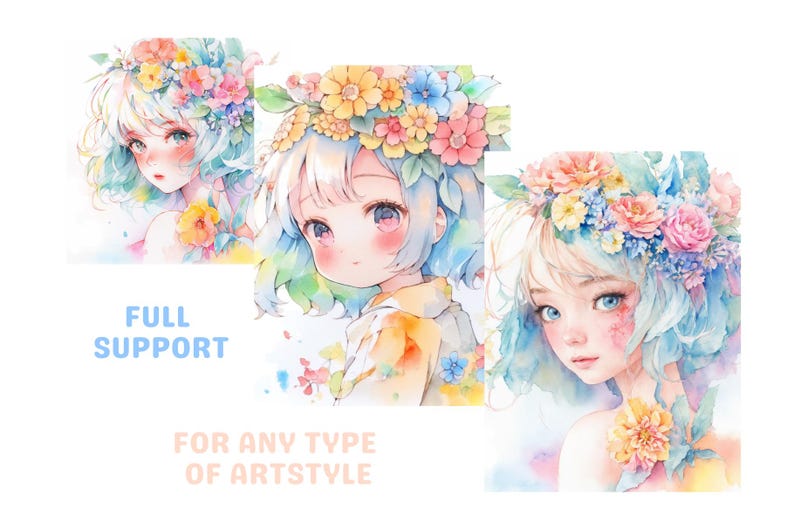 May include: Three watercolor illustrations of anime-style girls with flowers in their hair. The girls have light blue, pink, and yellow hair. The flowers are in shades of pink, blue, yellow, and white. The text "FULL SUPPORT FOR ANY TYPE OF ARTSTYLE" is at the bottom of the image.