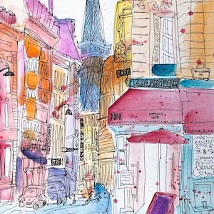 PRINT, Hand Painted French Parisian Street Sketch, Paris Cafe Watercolor Painting, 18 x 12, Le Recrutement Art, Eiffel Tower Illustration