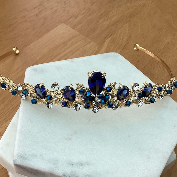 Wedding Tiara Gold - Sapphire Blue