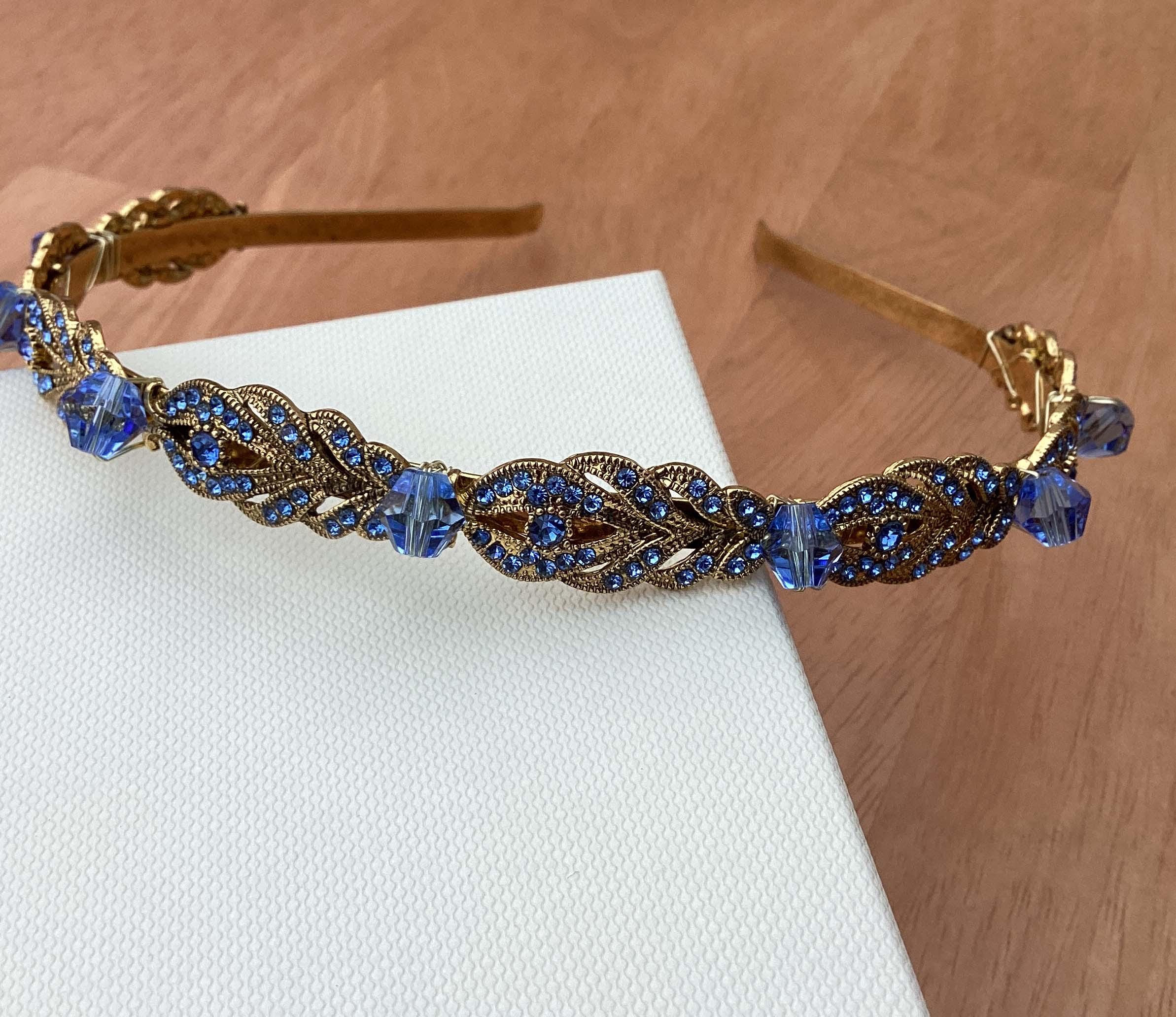 New! Elegant Blue and Gold Embellished Headband Headband Hire - Gold and Blue  main image 2