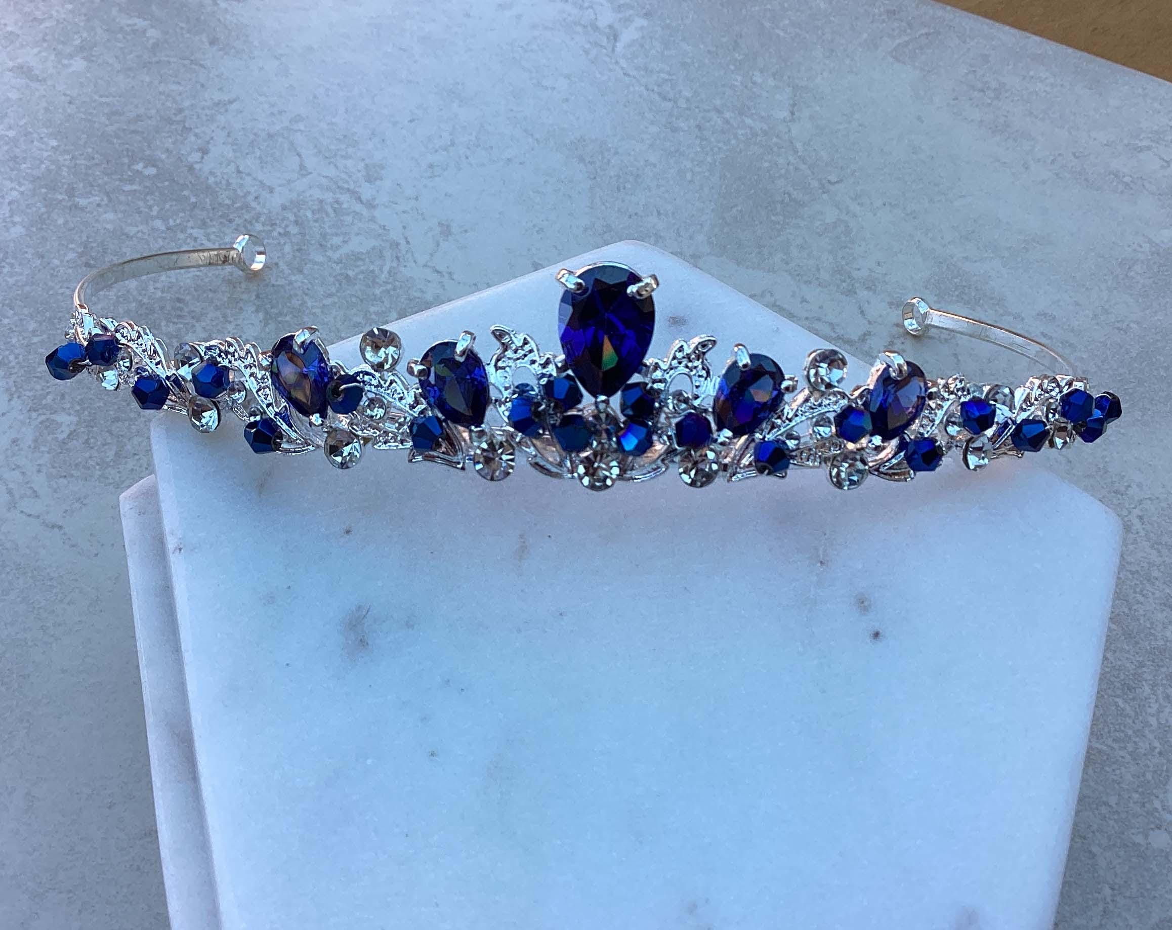 Hand Crafted Silver Tiara with Royal Blue Gem Accents Navy Royal Blue Gem Sapphire Color Silver Wedding Tiara  main image 4
