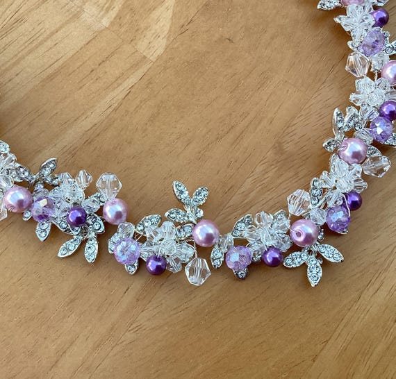 Wedding Hair Vine - Silver Leaves -purple Pearls - Etsy display picture 2