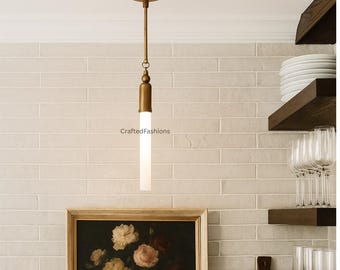 Modern Brass Tube Pendant Light: Opal Glass Cylinder Shade