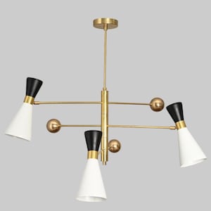 3-shade linear brass sputnik chandelier—mid-century modern light fixture with sleek design, perfect for adding vintage style and elegance