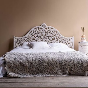 Hand-Carved Bohemian Headboard: White Coastal Finish, King/Queen/Full Sizes