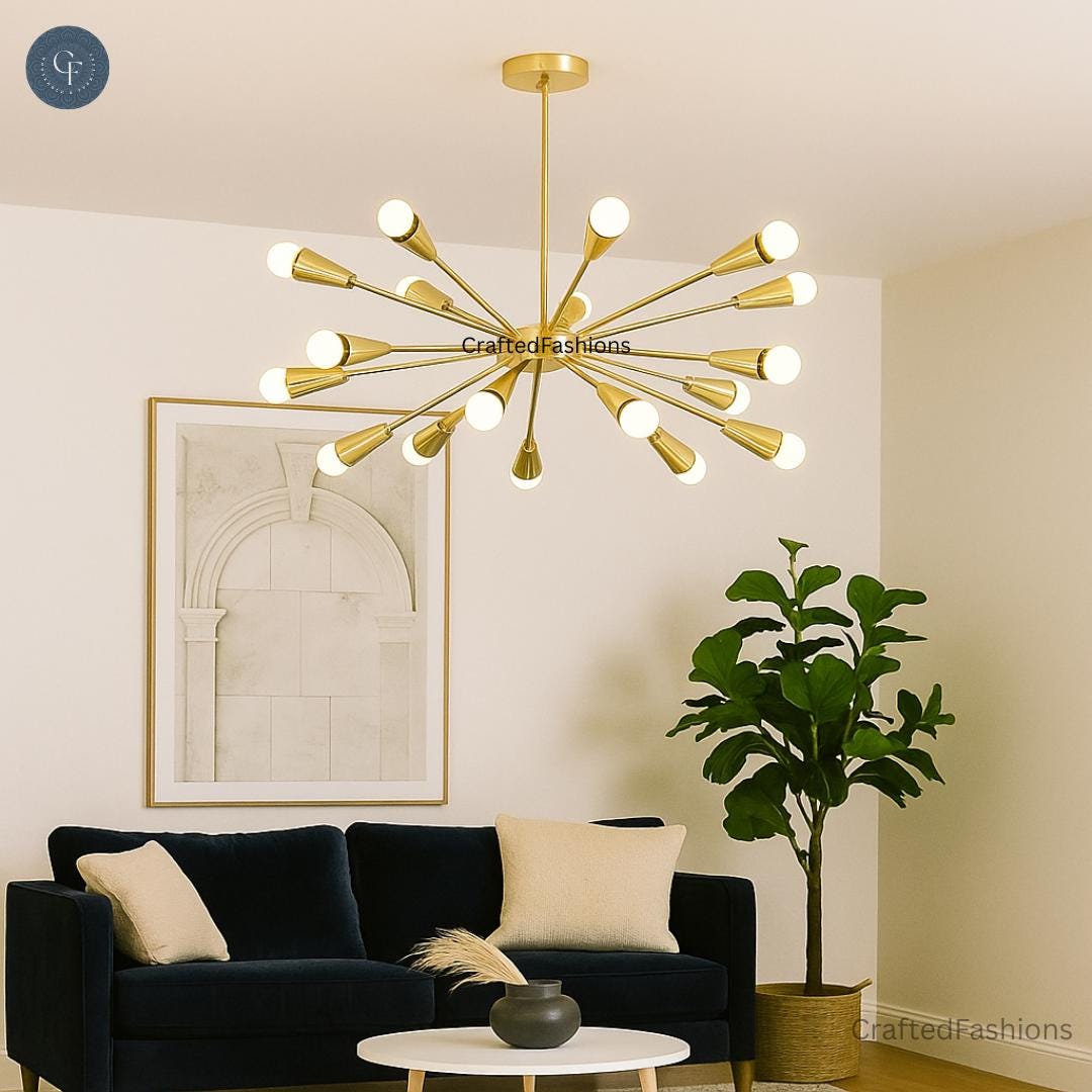 ミッドセンチュリー スプートニク シャンデリア：真鍮製 16 灯天井照明