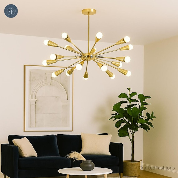 ミッドセンチュリー スプートニク シャンデリア：真鍮製 16 灯天井照明